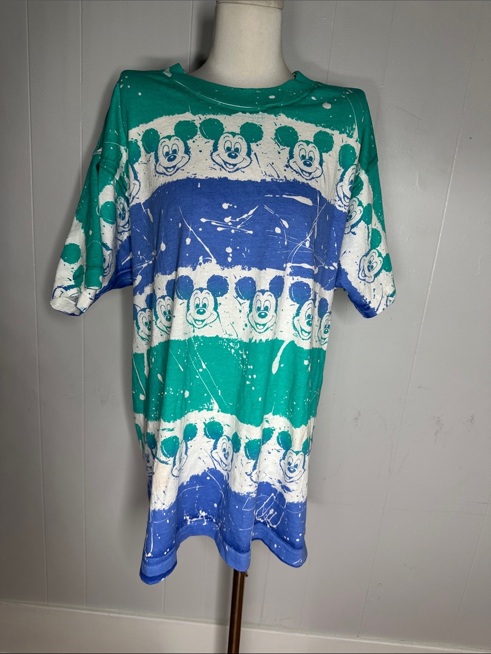 Vintage Mickey Mouse Disney AOP Blue Green Splatter Art Tee One Size